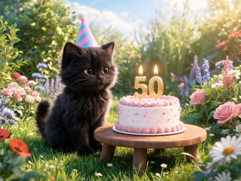 Fluffy black kitten in a striped party hat sits beside a birthday cake with lit 50 candles in a s...