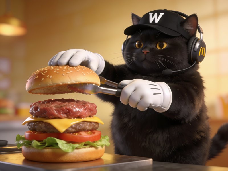 Fluffy black cat fast food worker uses tongs to assemble a stacked double cheeseburger in a warm ...