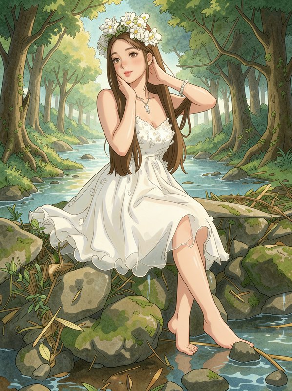 Anime girl with a daisy flower crown sits on mossy stream rocks, feet dipping in sunlit forest cr...