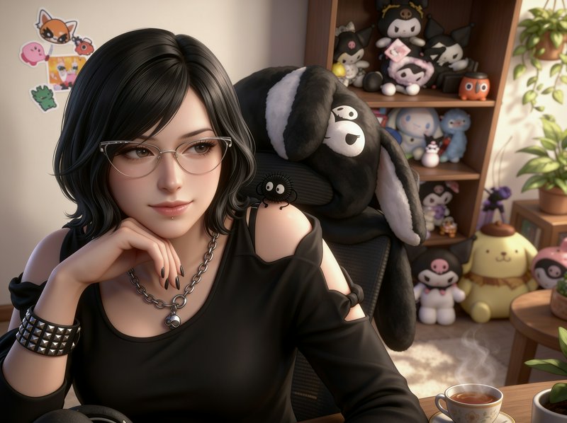3D rendered anime portrait of a woman with glasses, seated in a cozy room full of Sanrio plush decor