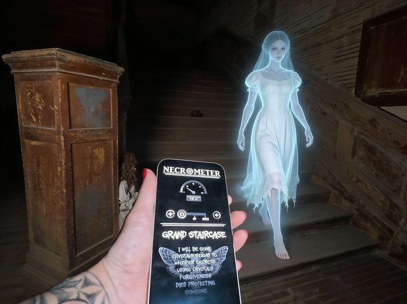Hand holding ghost detector smartphone as glowing translucent female ghost descends an old haunte...
