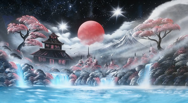 Surreal Japanese fantasy landscape with pagoda, Mount Fuji, red full moon, pink cherry blossoms, ...