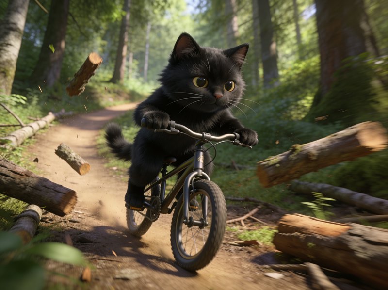 [Fluffy black kitten with large golden eyes rides a small mountain bike at speed down a sunlit forest dirt trail]