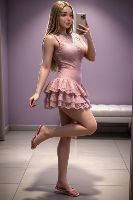 [3D stylized blonde young woman in pink ruffled lace dress takes a mirror selfie holding a smartphone]