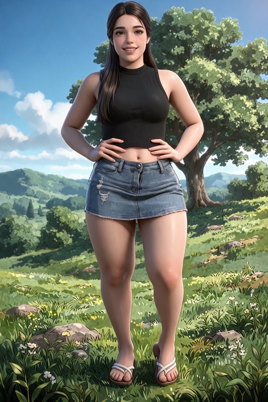 [3D illustrated smiling young woman with long dark hair stands hands on hips in a sunlit wildflower meadow wearing casual ...