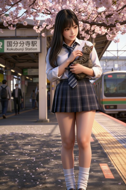 3D anime schoolgirl holding a tabby cat on sunlit Kokubunji Station platform under blooming cherr...