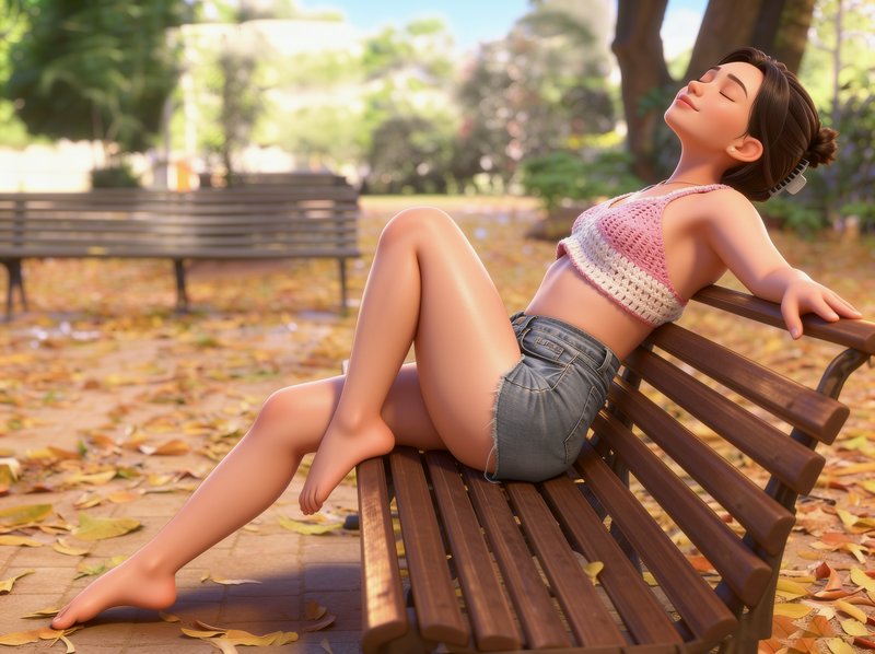 [3D animated young woman relaxes with closed eyes leaning back on a wooden park bench on a sunny autumn day]