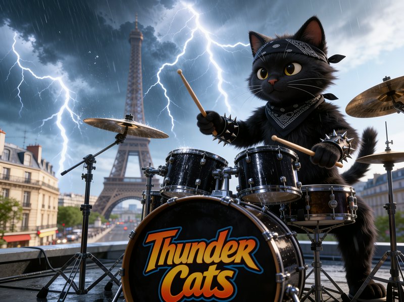 Anthropomorphic punk black cat plays a Thunder Cats branded drum set on a rainy Paris rooftop nea...