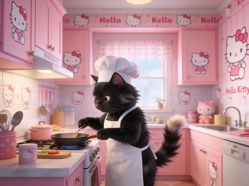 Fluffy black cat in chef hat and apron stirs a frying pan in a pastel pink Hello Kitty themed kitchen