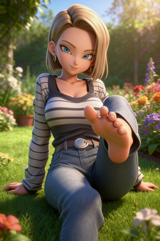 Stylized 3D render of Android 18 sitting barefoot on sunlit garden grass, lifting her foot toward...