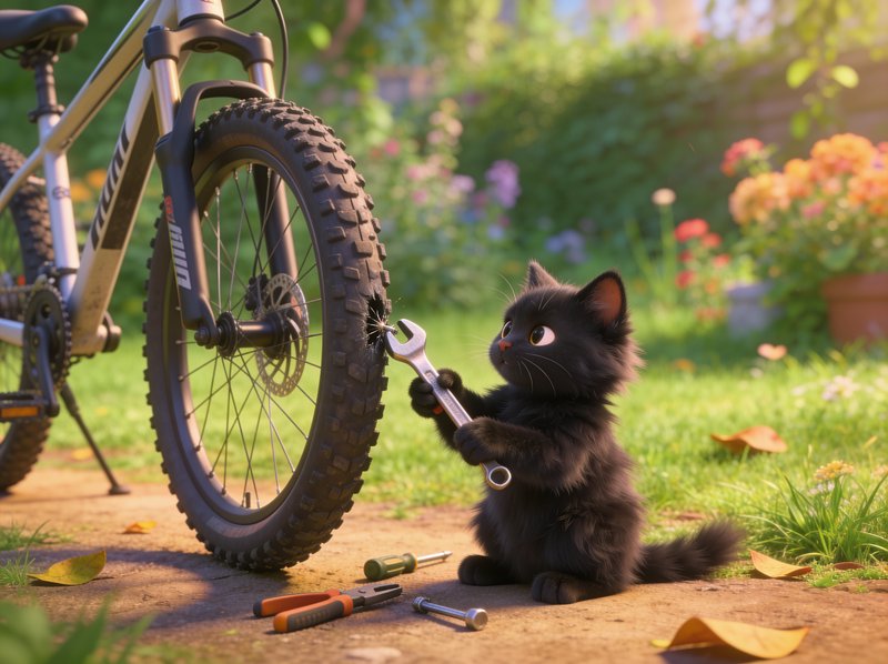 Fluffy black animated kitten holds a wrench to repair a mountain bike tire in a sunny backyard ga...