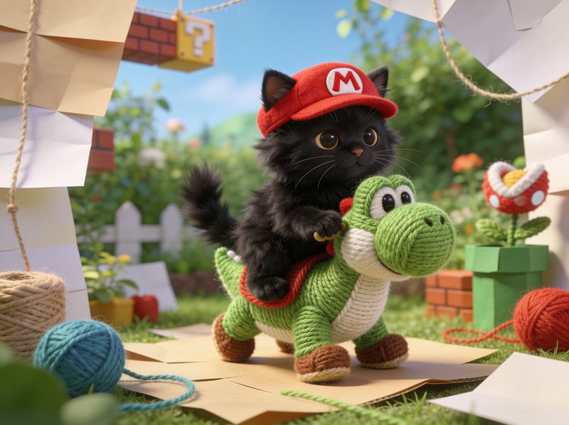 Fluffy black kitten wearing a Mario logo cap rides a crocheted Yoshi in a Super Mario themed craf...