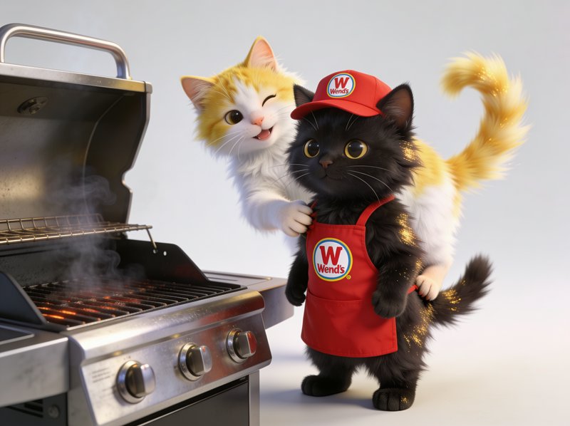 3D rendered fluffy anthropomorphic cats, one in a Wendy's uniform, stand beside a smoking hot out...