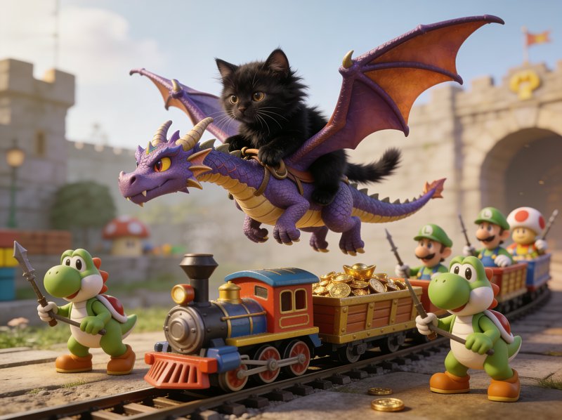 Fluffy black kitten rides a purple winged dragon above a Super Mario themed toy train guarded by ...