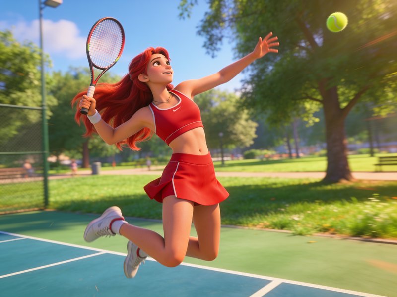 3D animated red-haired girl mid-jump serving a tennis ball on a sunny outdoor park court