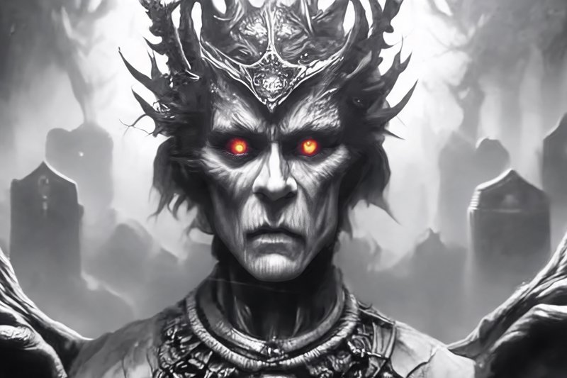 Close-up portrait of a menacing undead fantasy ruler with glowing fiery eyes and spiked crown, mi...