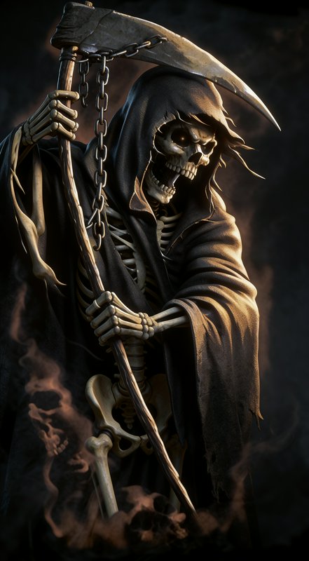 Menacing hooded Grim Reaper skeleton holding a chained scythe against a dark smoky mist background