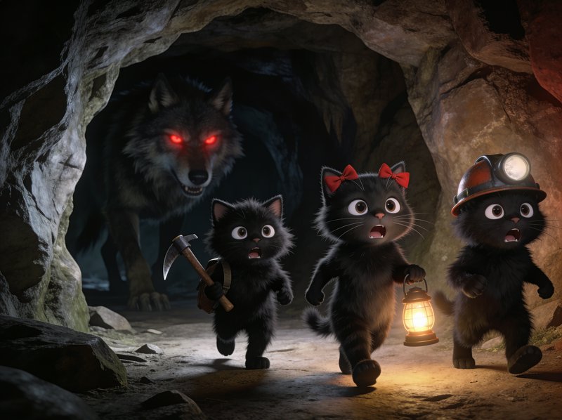 Three frightened cartoon black cat explorers flee a glowing red-eyed wolf inside a dark rocky min...