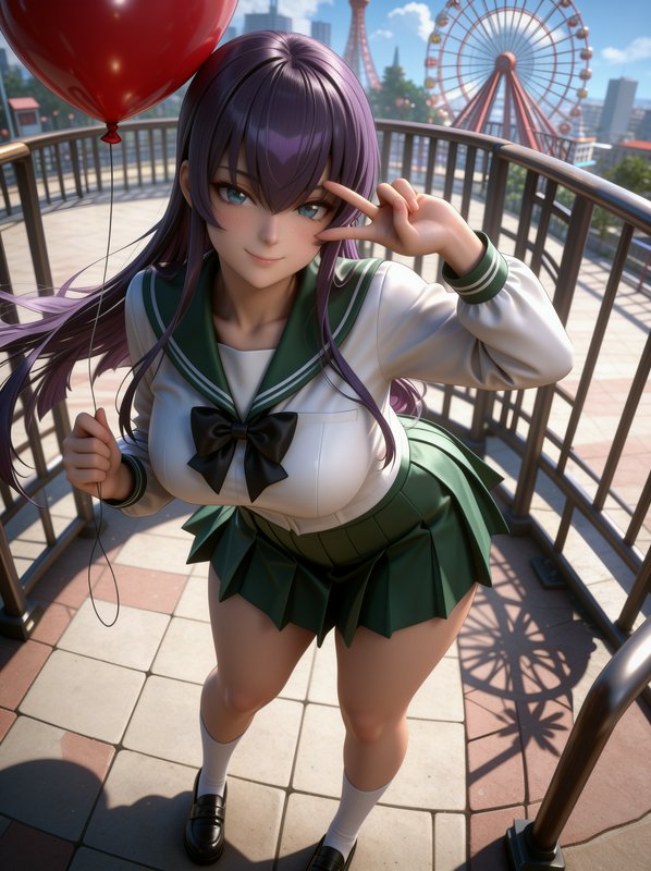 3D anime schoolgirl with purple hair poses with a peace sign, holding a red balloon on an amuseme...