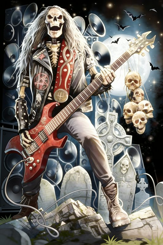 Skeleton heavy metal guitarist plays a red electric guitar in a moonlit spooky graveyard concert ...