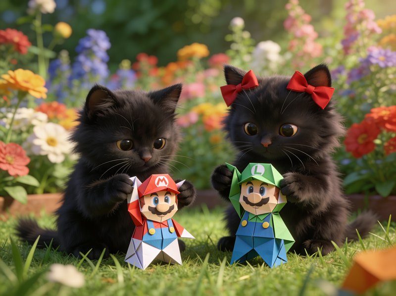 Two fluffy black kittens sitting in a sunny flower garden holding origami Mario and Luigi figures