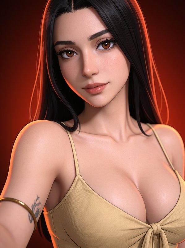 Semi-realistic 3D rendered portrait of a young woman with long black hair against a warm red studio backdrop