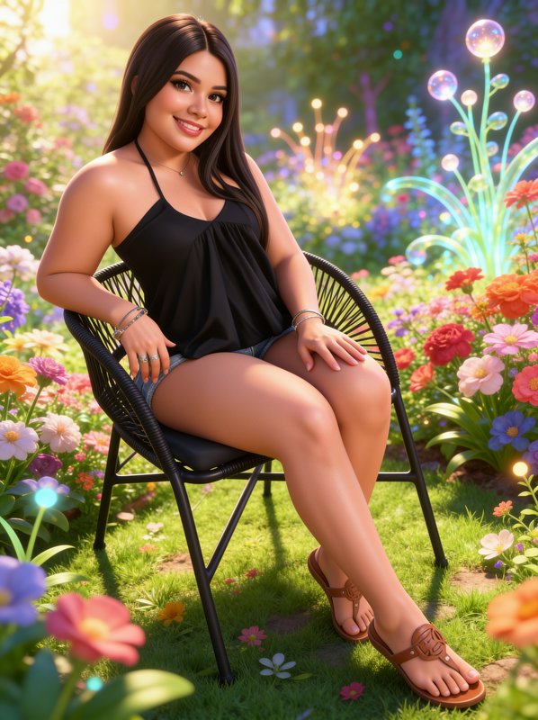 Smiling young woman seated in a black chair in a glowing enchanted sunlit flower garden