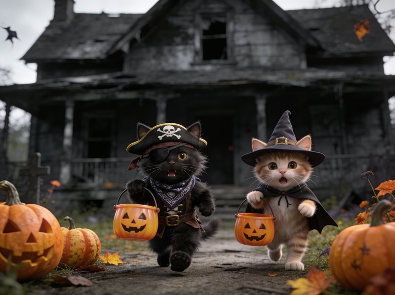 Two costumed kittens carry Halloween trick-or-treat buckets outside a spooky old haunted house