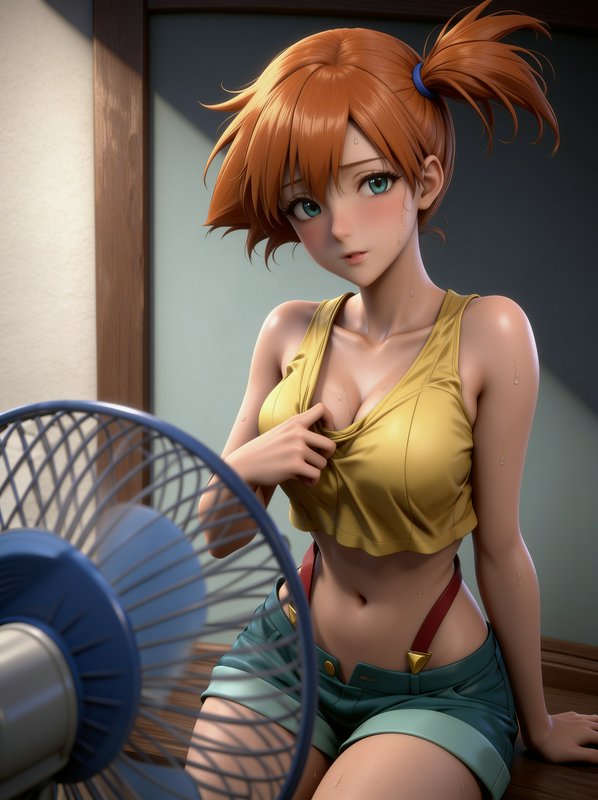 3D rendered anime Misty from Pokemon cooling off next to a standing electric fan indoors