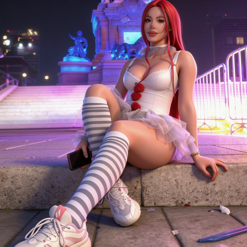 Red-haired clown-inspired 3D character sits on concrete city steps at a neon lit night plaza