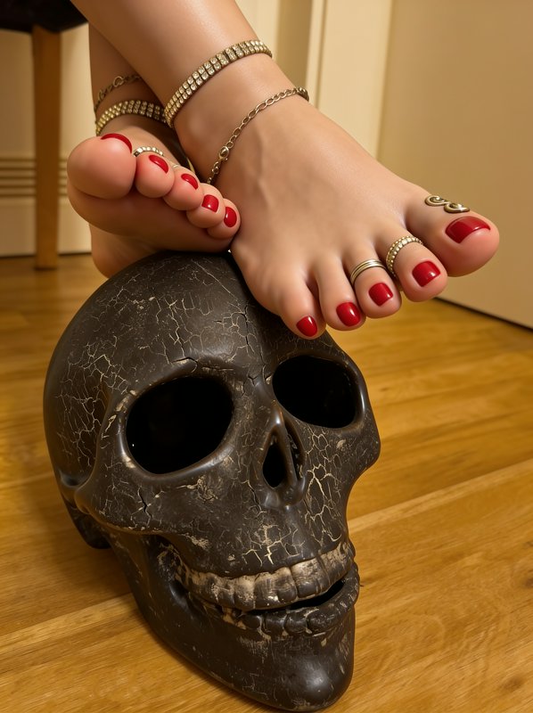 Feet with bright red pedicure and jewelry rest atop a dark cracked decorative skull on a wooden f...