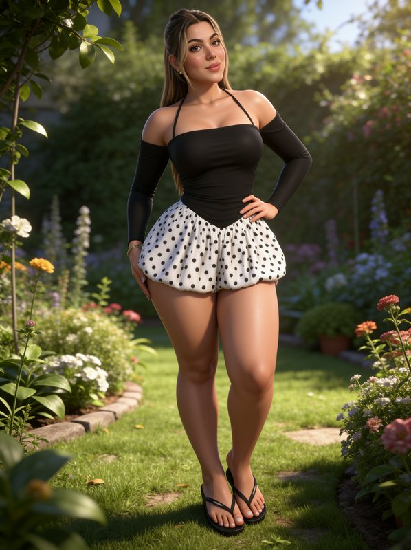 Stylish woman in a polka dot mini skirt poses on a sunlit garden lawn
