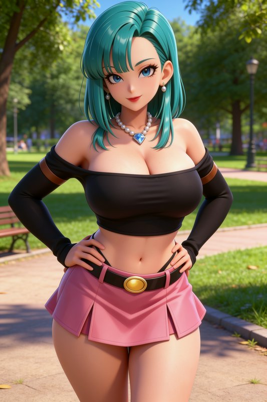 3D anime Bulma stands with hands on hips in a sunlit tree lined public park