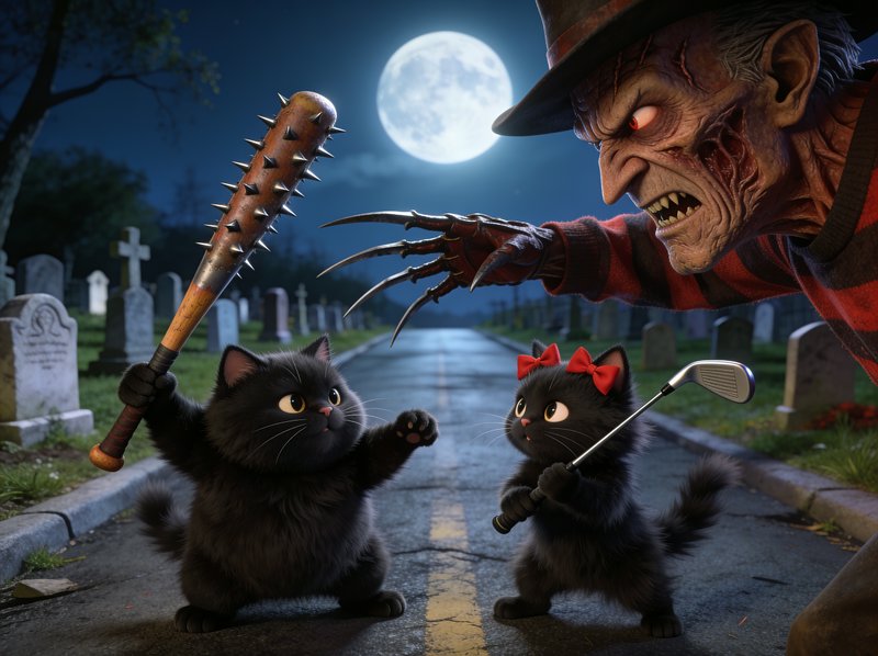 Two fluffy black cats face off against Freddy Krueger on a moonlit graveyard road