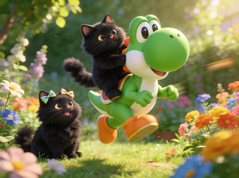Fluffy black cat rides Yoshi while a bow-wearing second black cat watches in a sunny blooming garden