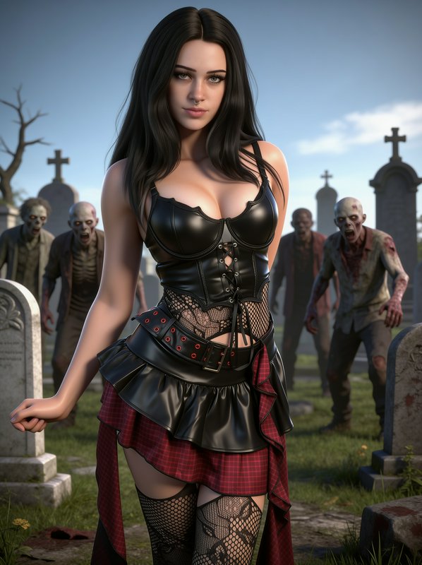Gothic woman in a leather outfit stands in a graveyard as zombies approach behind her
