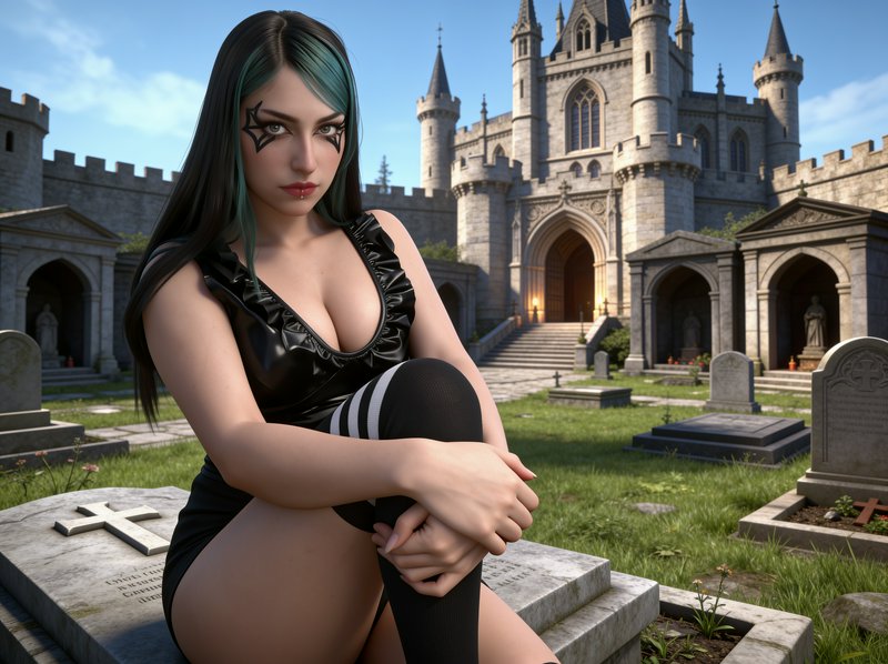 Goth woman with teal-streaked hair sits on a gravestone in front of a gothic castle cemetery