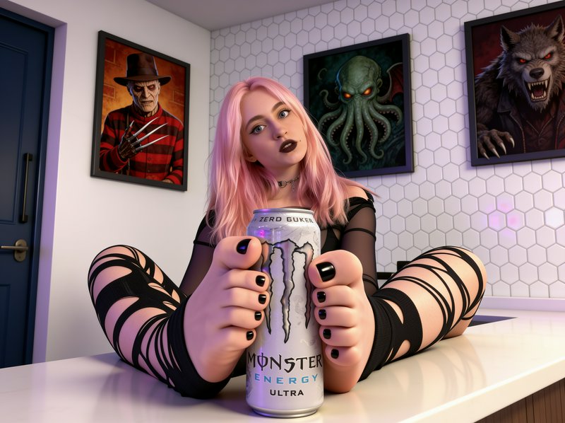 Pink haired pastel goth girl holding a Monster Energy can between her toes on a kitchen counter