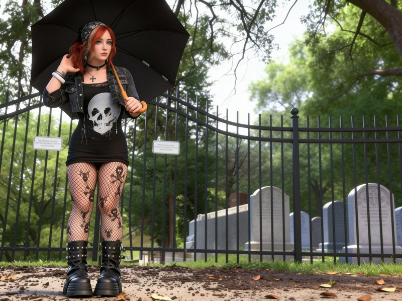 Goth styled red-haired woman holding a black umbrella stands outside a cemetery iron fence