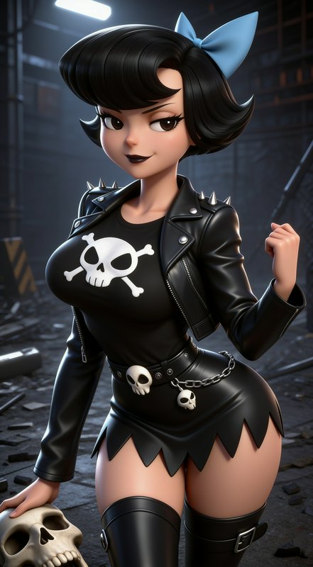3D stylized punk cartoon girl with a blue hair bow and skull accessories holds a skull in a gritty industrial warehouse