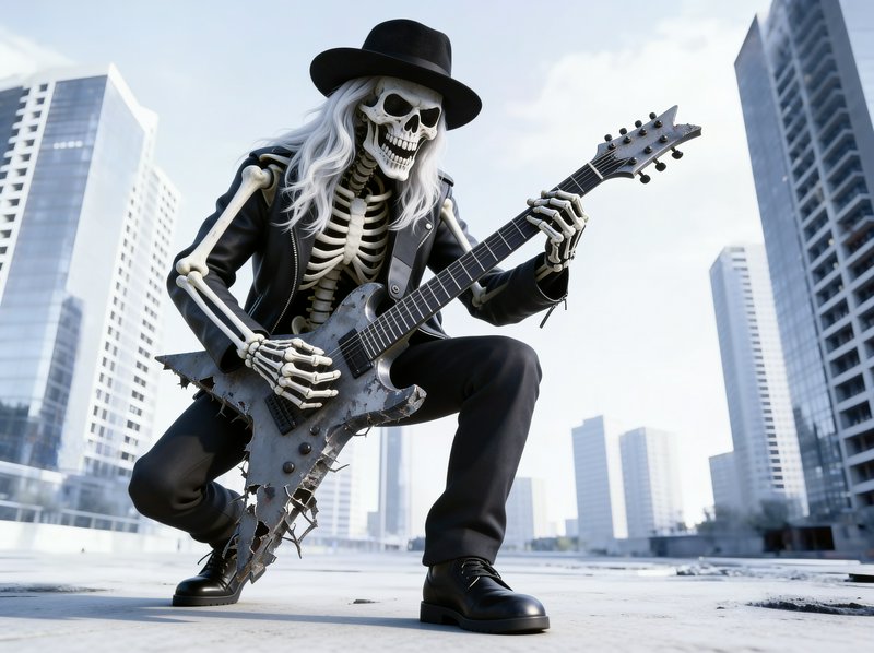 Grinning skeleton rock guitarist plays a jagged electric guitar on a downtown city rooftop