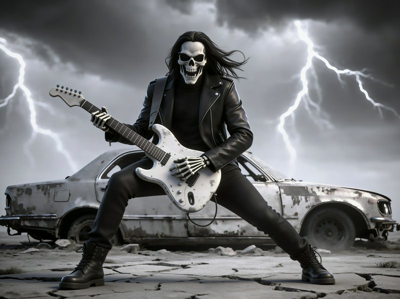 Skeleton heavy metal guitarist playing a white electric guitar in front of a rusted car under storm lightning