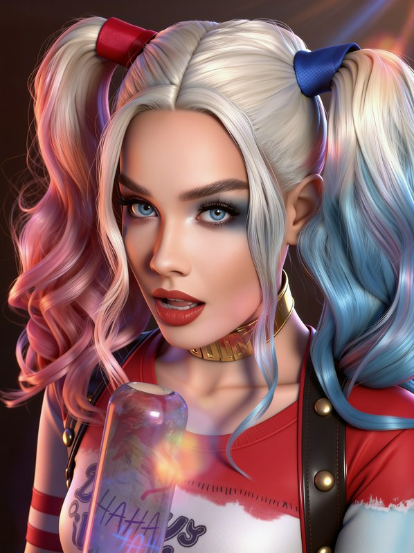 Hyperrealistic 3D render of Harley Quinn with pink and blue pigtails holding a translucent bat