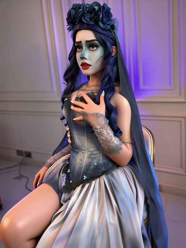 Stylized 3D render of a gothic corpse bride character seated in an ornate paneled room