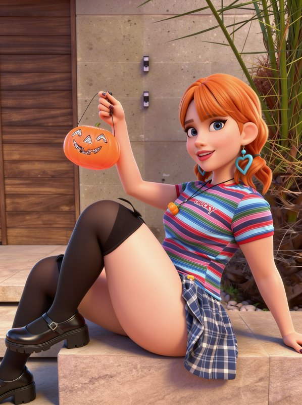 Stylized 3D red haired girl holds a sparkly jack-o-lantern trick or treat pail seated on a reside...