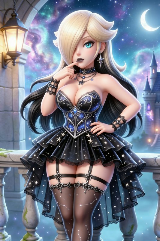 Stylized gothic Princess Rosalina stands on a stone castle balcony under a cosmic starry crescent...