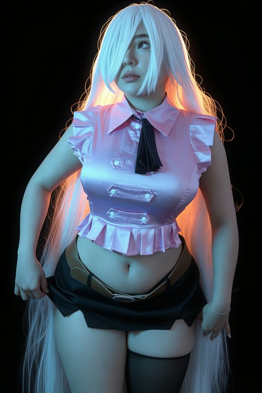 Cosplayer with long pale white hair wears a pink ruffled top under dramatic dual-tone rim lightin...