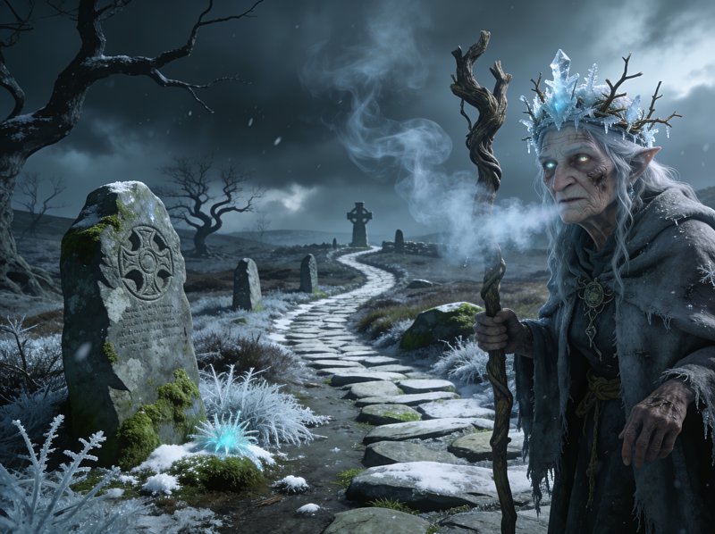 Elder elven ice witch with a crystal crown stands beside a snowy stone path lined with ancient ce...