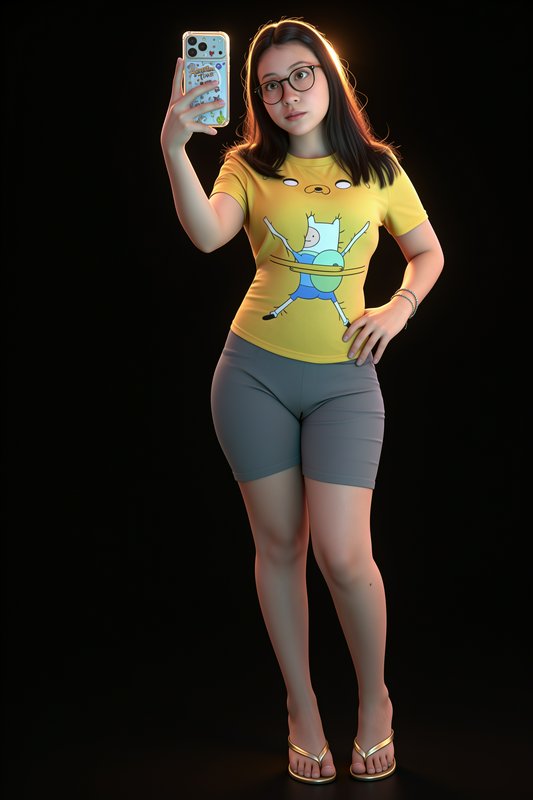 Young woman wearing an Adventure Time graphic tee takes a selfie against a dark studio backdrop