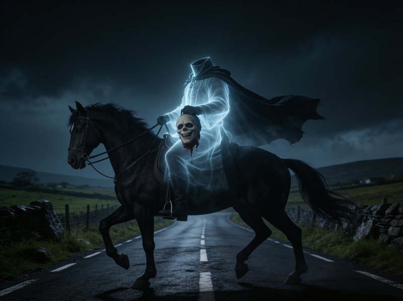 Glowing headless ghost horseman rides a black horse holding a severed skull on a dark rural night...